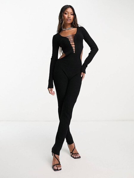 Missyempire knitted ladder detail jumpsuit with open back in black