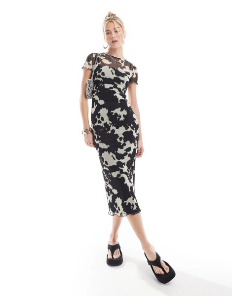 New Look mesh cow print midi dress in black