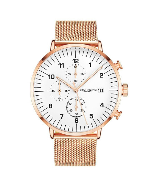 Часы и аксессуары Stuhrling мужские с белым циферблатом, розовым металлическим браслетом и хронографом