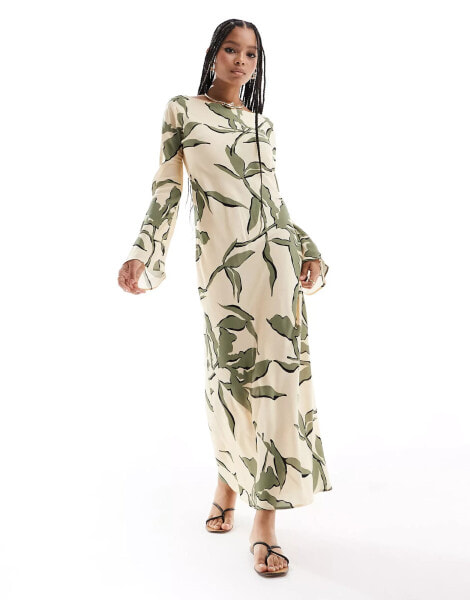 ASOS DESIGN viscose slash neck midi dress with v-back detail in oversized green and cream floral