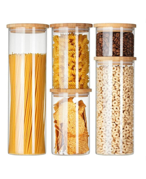5 Pc Borosilicate Glass Canister Set with Bamboo Lids, Glass Containers