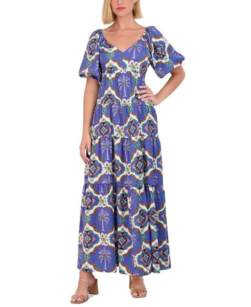 Women's Printed Puff-Sleeve Maxi Dress