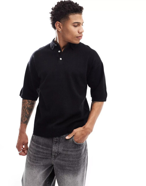 Jack & Jones oversized knitted polo in black