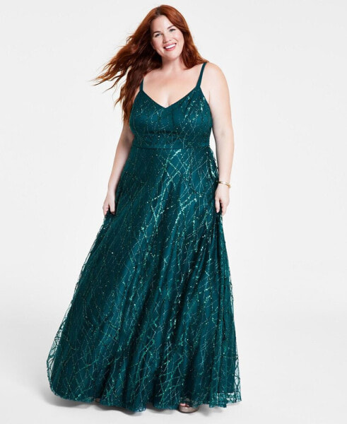 Trendy Plus Size Glitter Mesh Gown, Created for Macy's