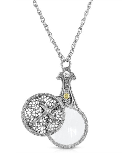 Pewter Crystal Cross Sliding Magnifier 30" Pendant