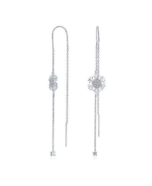 Thin Linear Clear Blue CZ Frozen Winter Holiday Party Snowflake Ear Threader Chain Dangle Earrings For Women For Teen .925 Sterling Silver