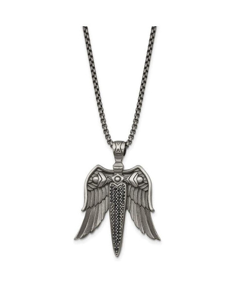 Antiqued White Bronze-plated Black CZ Sword Wings Box Chain Necklace