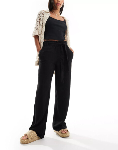 ONLY tie waist wide leg linen trousers in black