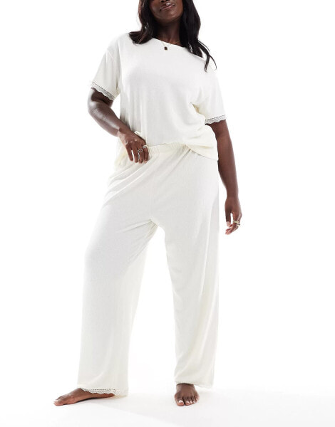 ASOS DESIGN Curve Exclusive waffle & lace tee & trouser pyjama set in ivory