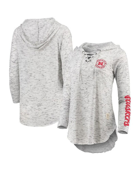 Women's Gray Nebraska Huskers Space Dye Lace-Up V-Neck Long Sleeve T-shirt