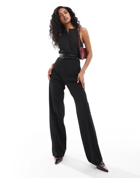 Mango belted high neck jumpsuit in black