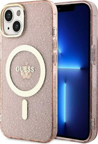 Guess Guess Glitter Gold MagSafe - Etui iPhone 14 Plus (Różowy)