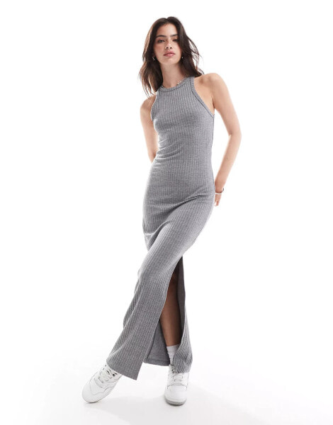 Miss Selfridge rib halter neck midi dress in grey marl