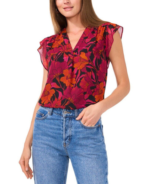 Women's Floral V-Neck Flutter-Sleeve Top