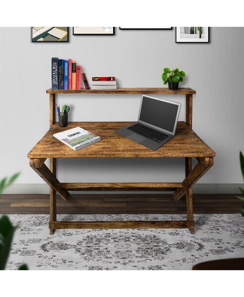 42 Inch Rectangular Mango Wood Home Office Desk, Top Shelf, X Shaped Folding Frame, Brown