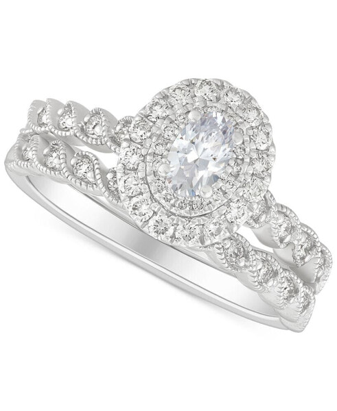 Кольцо Macy's Oval Halo Bridal Set in 14k White Gold.