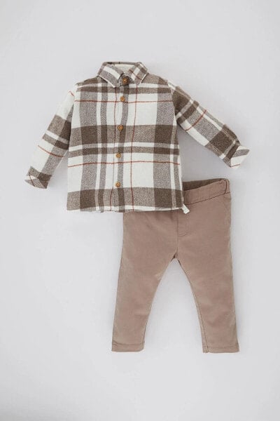 Erkek Bebek Kareli Flanel Gömlek Pantolon 2'li Takım