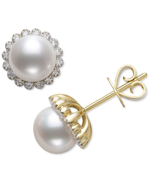 Cultured Freshwater Pearl (7mm) & Diamond (1/8 ct. t.w.) Halo Stud Earrings in 14k Gold, Created for Macy's