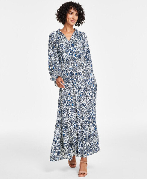 Women's Printed Tie-Neck Smocked Maxi Dress