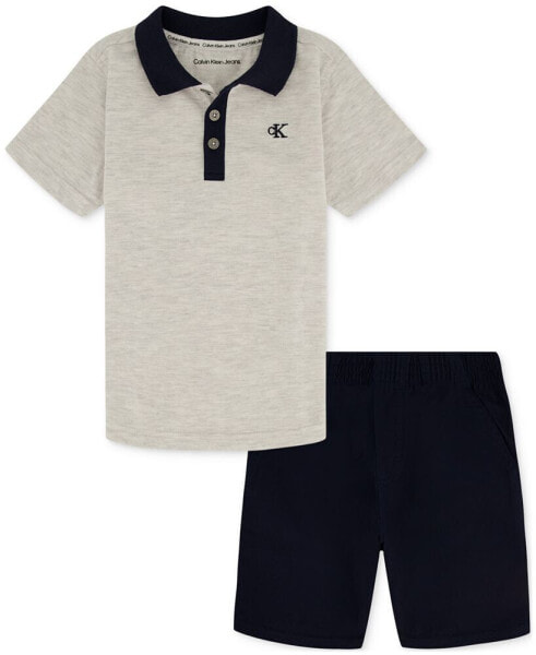 Toddler Boys Cotton Heather Jersey Polo Shirt & Twill Shorts, 2 Piece Set