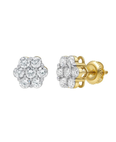 Round Cut Natural Certified Diamond (1.6 cttw) 14k Yellow Gold Earrings Opulent Cluster Design