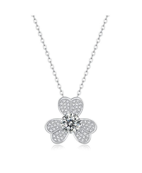 Sterling Silver White Gold Plated with 1ctw Lab Created Moissanite French Pave Blooming Flower Solitaire Pendant Necklace