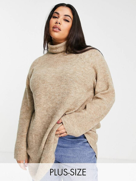 Pieces Curve longline roll neck jumper in dark camel