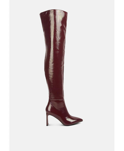 minkles patent pu long slim block heeled boots