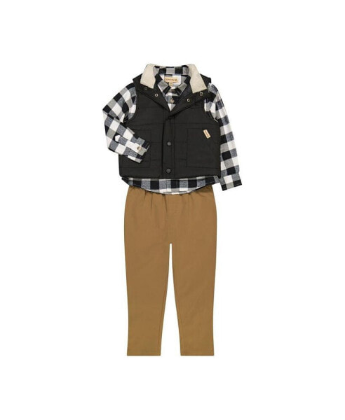 Infant Boys 3 Piece Outfit Set with Puffer Vest, Long Sleeve Flannel Top, and Elastic Waistband Pants