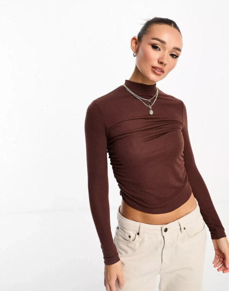 Stradivarius high neck ruched side top in bitter chocolate