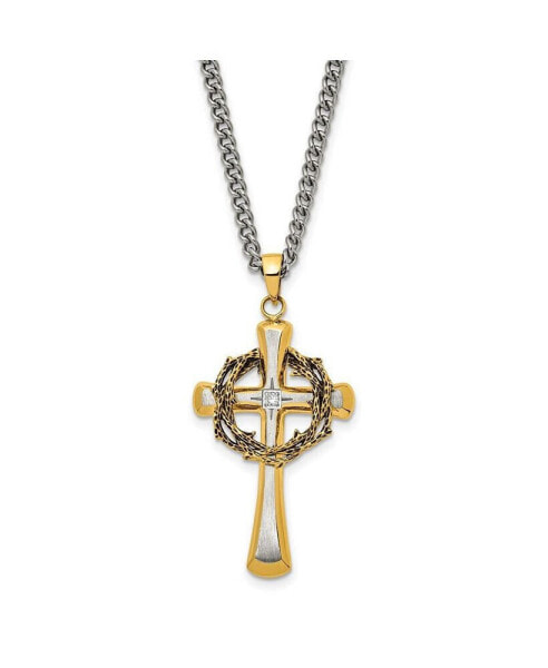 Chisel brushed Yellow IP-plated CZ Philippians 4:13 Cross Curb Chain Necklace