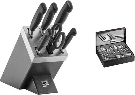 ZWILLING Four Star Self-Sharpening Knife Block, 7-Piece & Newcastle Cutlery Set, 60 Pieces, For 12 People, 18/10 Stainless Steel/High Quality Blade Steel, Polished