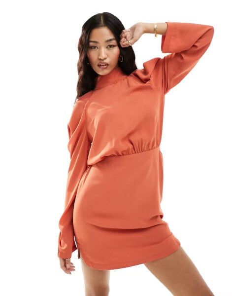 Pretty Lavish high neck chiffon mini dress in terracotta