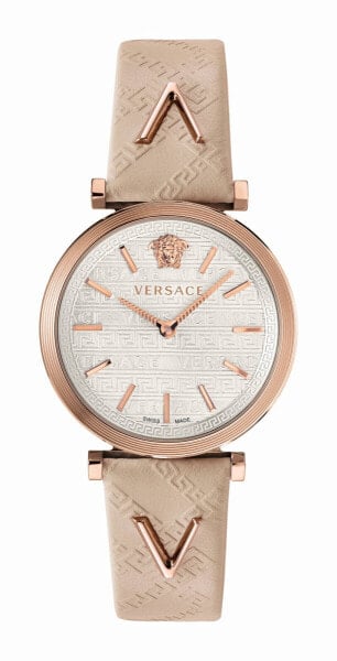 Versace V-Twist Damenuhr Elfenbein Leder Silber Roségold Stahl 36mm VELS00419