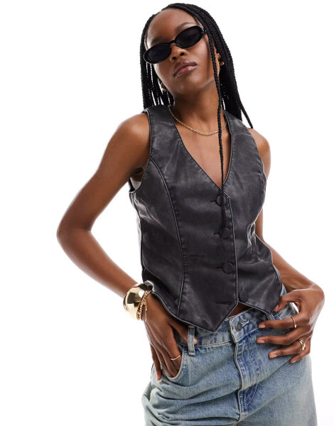 Pimkie distressed leather look waistcoat in dark grey