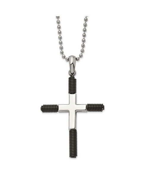 Polished Black IP-plated Cross Pendant on a Ball Chain Necklace