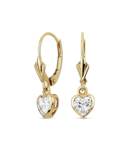 Petite Delicate Romantic Real 14K Yellow Gold CZ Bezel Set Genuine Gemstone Created White Sapphire Heart Dangle Earrings For Women Girlfriend Lever Back