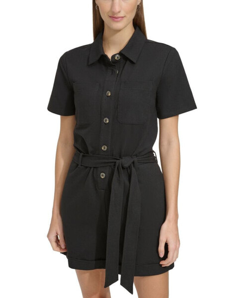 Women's Button-Front Tie-Waist Twill Romper