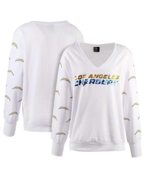 Women's White Los Angeles Chargers Sequin Fleece V-Neck T-Shirt