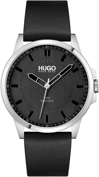 Мужские наручные часы с черным кожаным ремешком HUGO Men's Stainless Steel Quartz Watch with Leather Strap, Black, 22 (Model: 1530188)