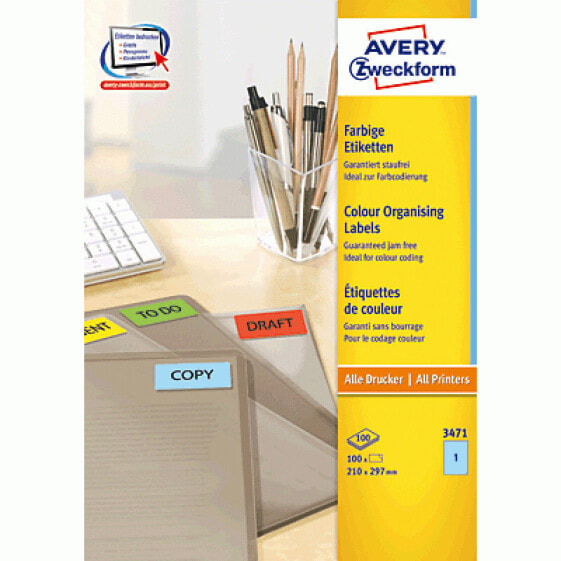 Avery Zweckform Avery Coloured Labels - Blue - 210 x 297 mm - Blue - Self-adhesive printer label - A4 - Paper - Laser/Inkjet - Permanent