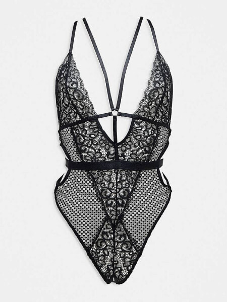 Ann Summers Obsession lace and fishnet plunge front bodysuit with strapping detail in black