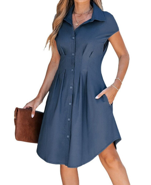 Women's Blue Collared Pleated Waist Mini Beach Dress