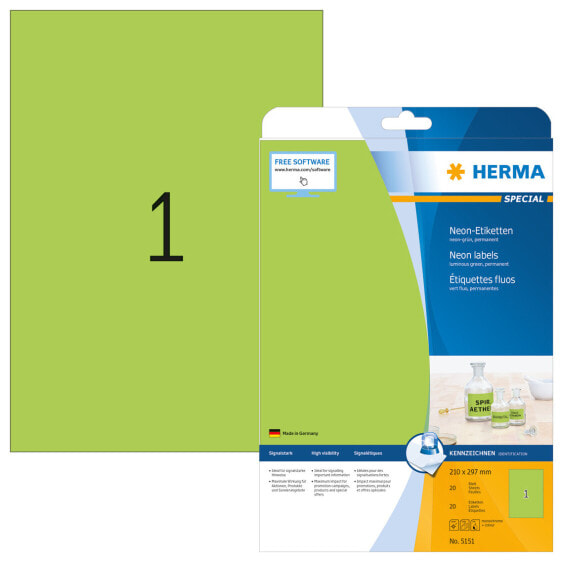 HERMA Neon labels A4 210x297 mm luminous green paper matt 20 pcs. - Green - Self-adhesive printer label - A4 - Paper - Laser/Inkjet - Permanent