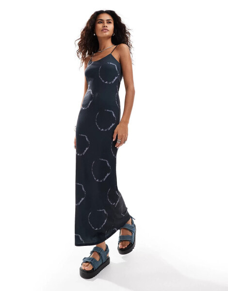 COLLUSION straight neck printed maxi dress in navy