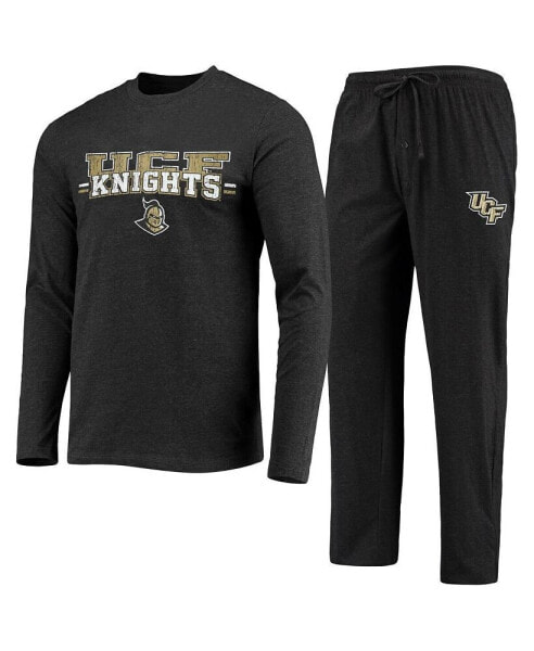 Men's Black, Heathered Charcoal Distressed UCF Knights Meter Long Sleeve T-shirt and Pants Sleep Set