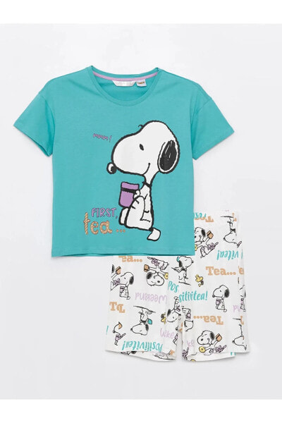 LCW DREAM Bisiklet Yaka Snoopy Baskılı Kısa Kollu Kadın Şortlu Pijama Takımı