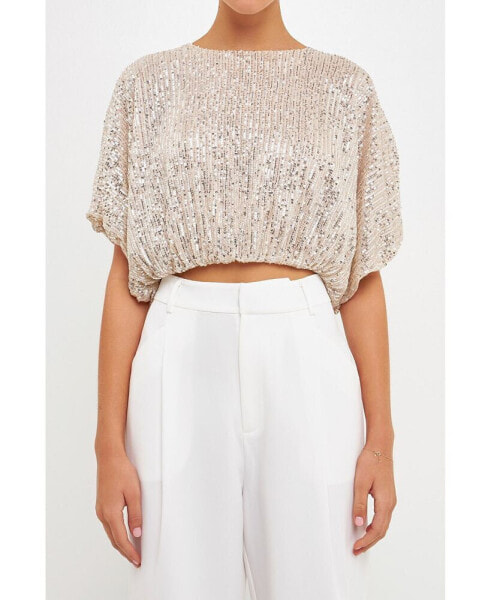 Women's Sequins Cropped Puff Top
