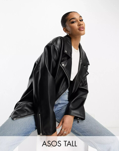 ASOS DESIGN Tall longline oversized faux leather biker jacket in black