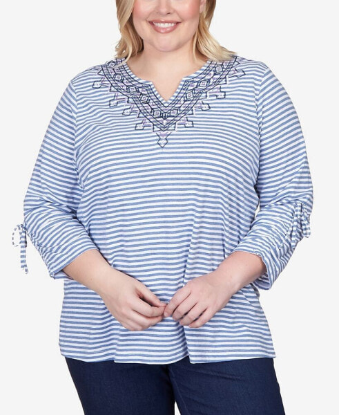 Plus Size Lavender Fields Stripe Geo Embroidered Split Neck Top